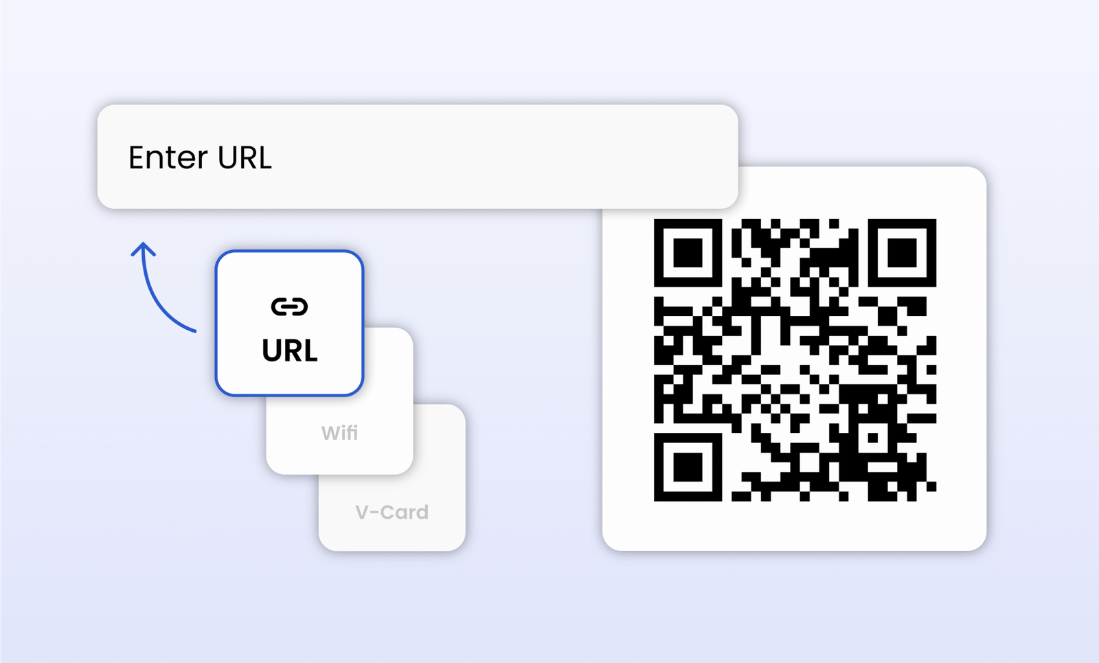 Custom flat design illustration of Genie QR Code Generator step 1, showing QR code type selection options in a clean modern style.