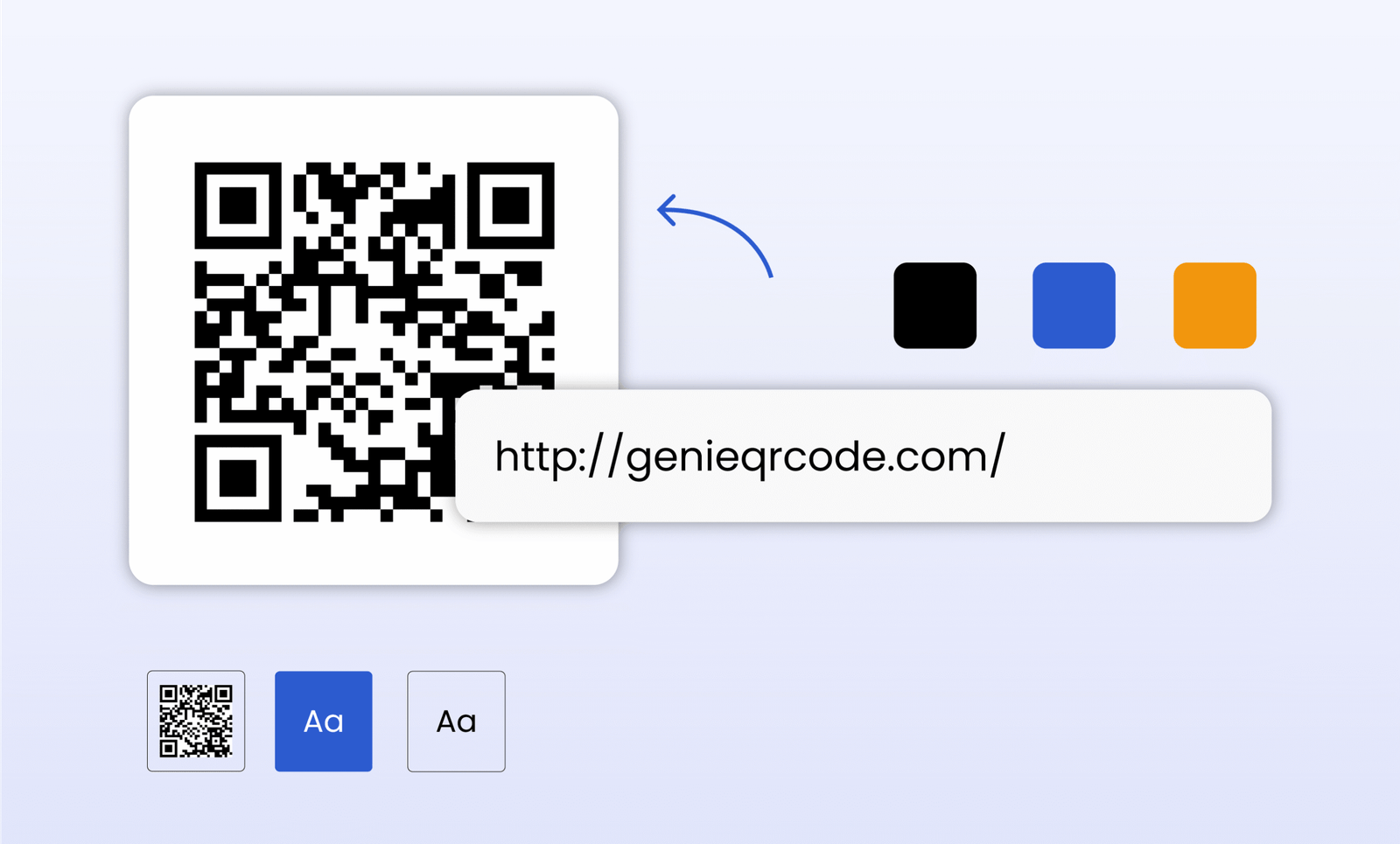 Custom flat design illustration of Genie QR Code Generator step 2, with tools to customize QR code colors, frames, and design.