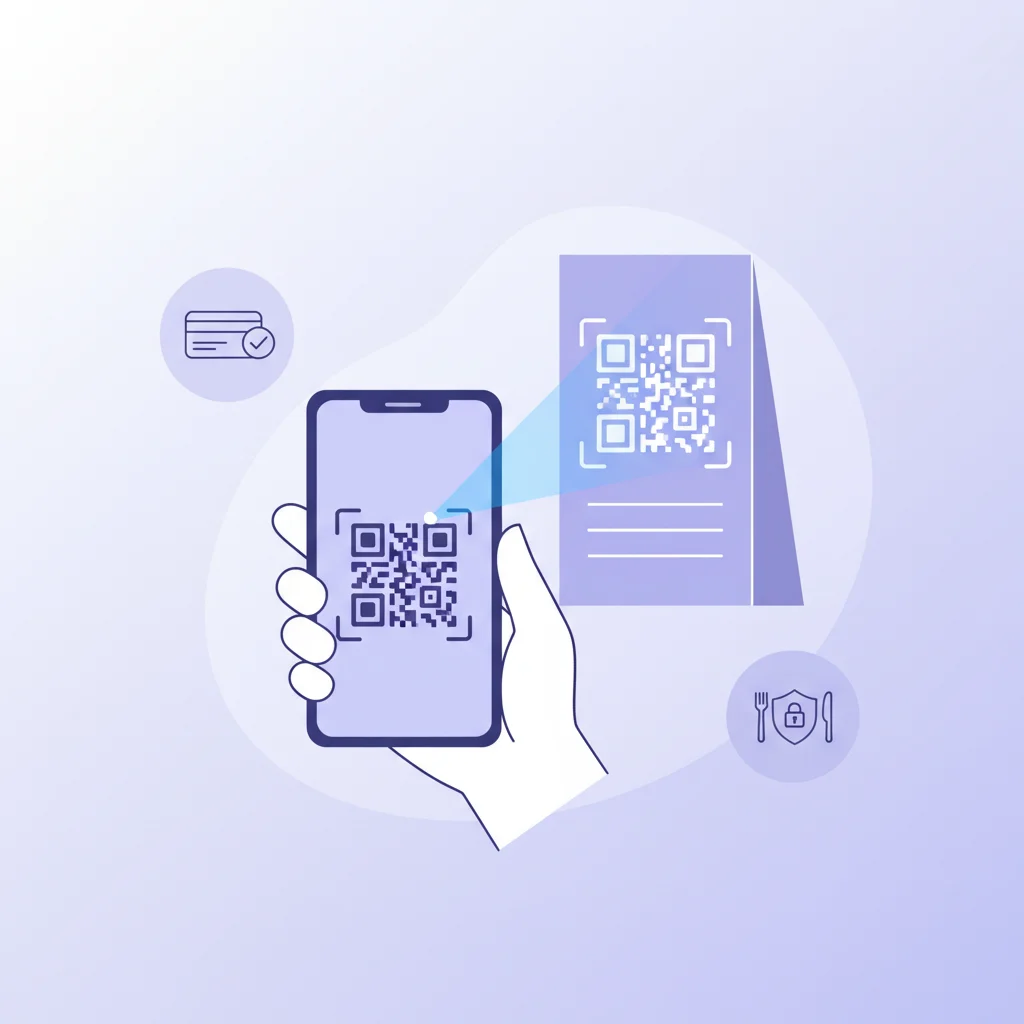 Genie QR Code Best Practices illustration showing a smartphone scanning a QR code with icons for payments, dining, and security