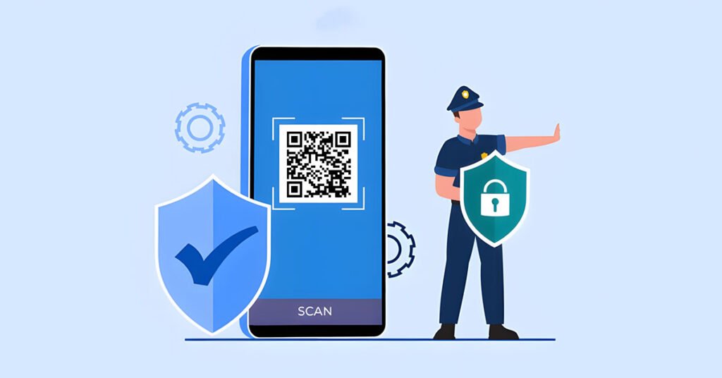 QR Code Security Guide showing safe scanning practices and QR phishing warning example