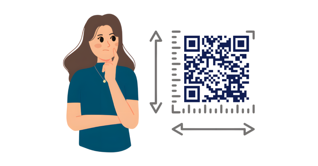 QR Code Size Guide for Printing showing scan distance and size comparison chart