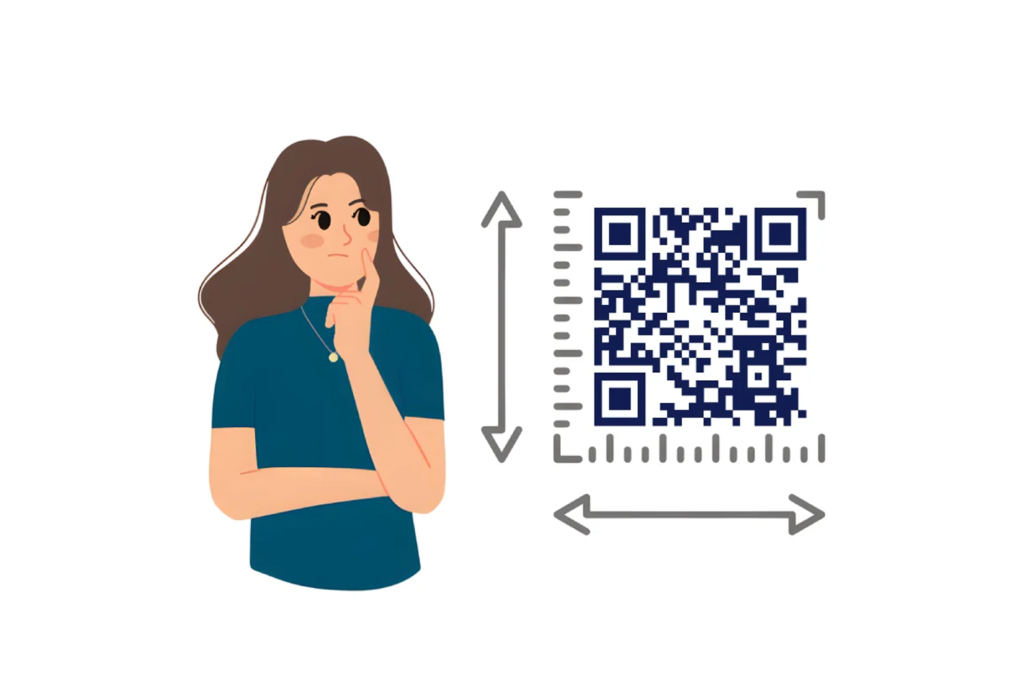 QR Code Size Guide for Printing showing scan distance and size comparison chart